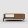 Tree city- 47 Wide Modern Golden Sandalwood Coffee Table with Slatted Door & Open Shelf Storage