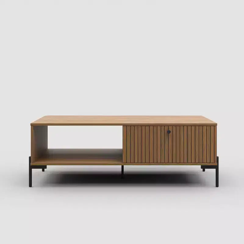 Tree city- 47 Wide Modern Golden Sandalwood Coffee Table with Slatted Door & Open Shelf Storage