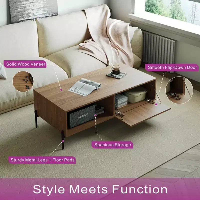 Tree city - Table basse moderne 47" en bois de santal doré avec porte à lattes et étagère ouverte