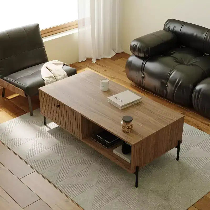 Tree city - Table basse moderne 47" en bois de santal doré avec porte à lattes et étagère ouverte