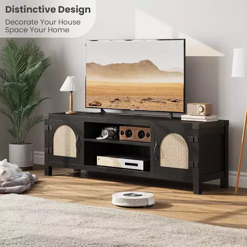 Meuble TV bohème de 65 pouces avec porte en rotin - Meuble de divertissement en bois avec deux armoires et étagères réglables, adapté aux salons