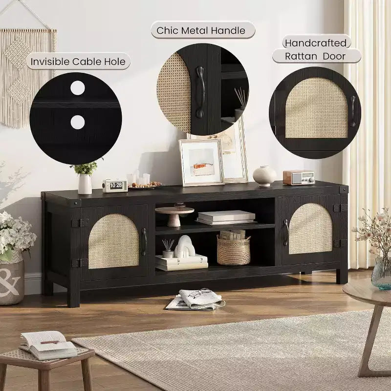Meuble TV bohème de 65 pouces avec porte en rotin - Meuble de divertissement en bois avec deux armoires et étagères réglables, adapté aux salons
