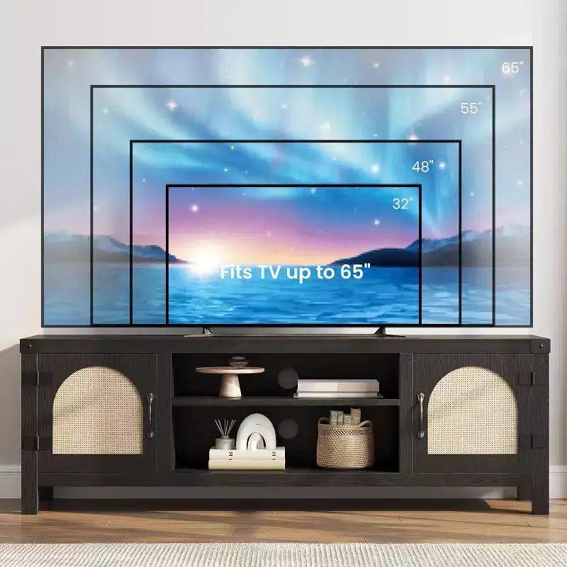 Meuble TV bohème de 65 pouces avec porte en rotin - Meuble de divertissement en bois avec deux armoires et étagères réglables, adapté aux salons