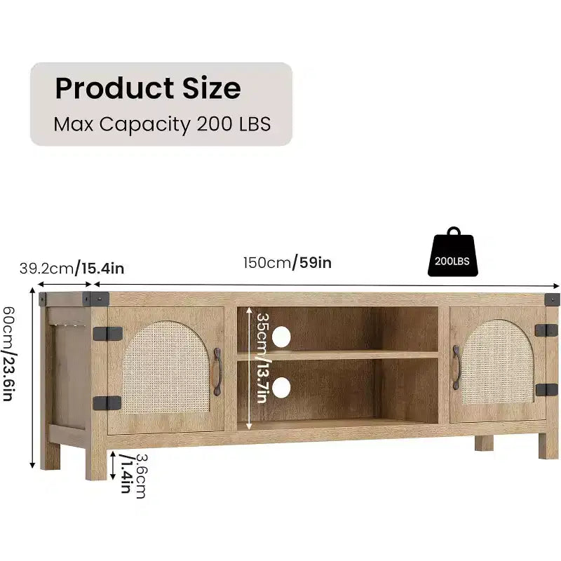 Meuble TV bohème de 65 pouces avec porte en rotin - Meuble de divertissement en bois avec deux armoires et étagères réglables, adapté aux salons