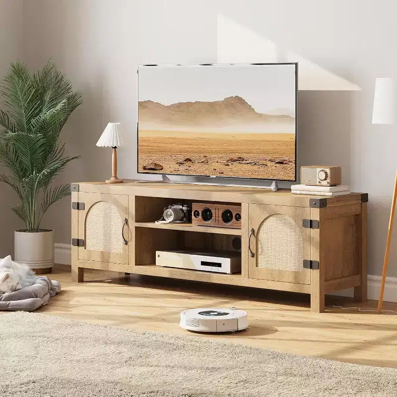 Meuble TV bohème de 65 pouces avec porte en rotin - Meuble de divertissement en bois avec deux armoires et étagères réglables, adapté aux salons