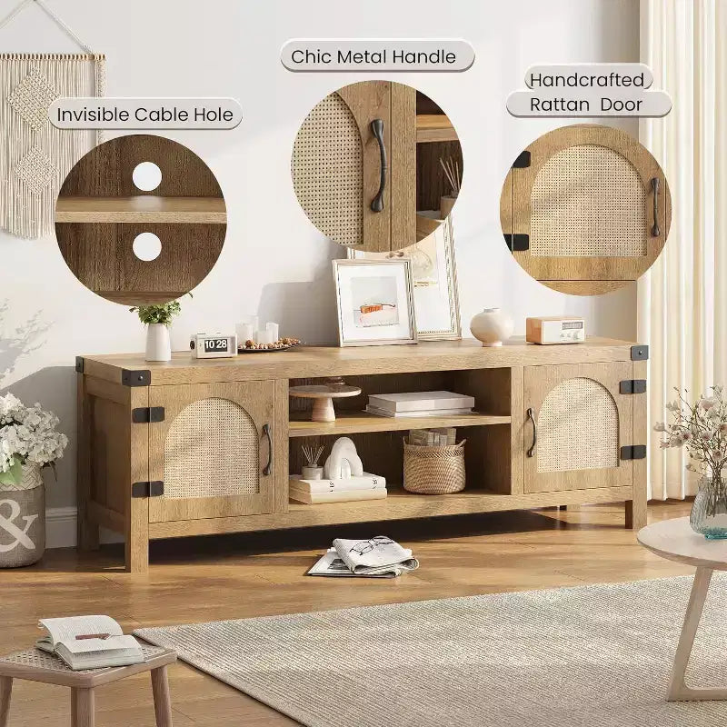 Meuble TV bohème de 65 pouces avec porte en rotin - Meuble de divertissement en bois avec deux armoires et étagères réglables, adapté aux salons
