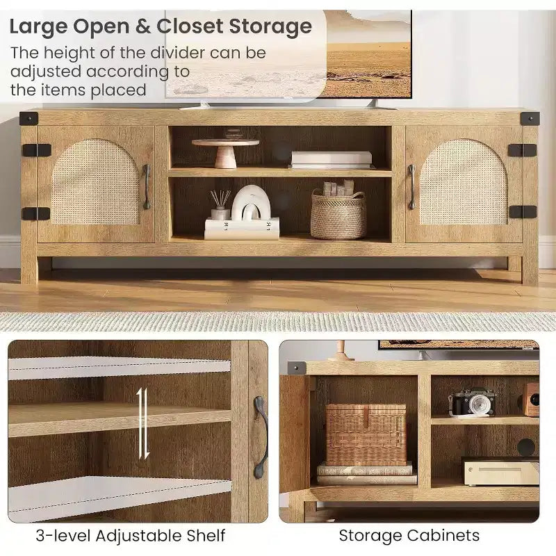 Meuble TV bohème de 65 pouces avec porte en rotin - Meuble de divertissement en bois avec deux armoires et étagères réglables, adapté aux salons