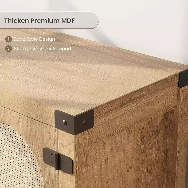 Meuble TV bohème de 65 pouces avec porte en rotin - Meuble de divertissement en bois avec deux armoires et étagères réglables, adapté aux salons
