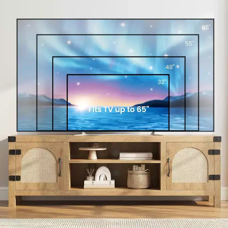Meuble TV bohème de 65 pouces avec porte en rotin - Meuble de divertissement en bois avec deux armoires et étagères réglables, adapté aux salons
