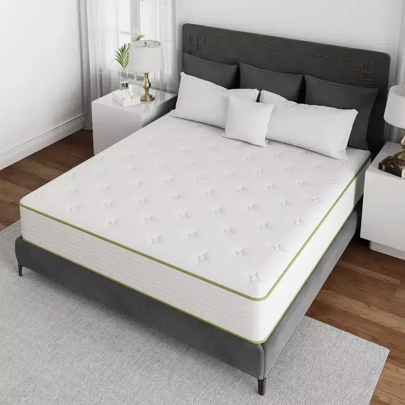 Matelas hybride respirant en mousse à mémoire de forme rafraîchissante, fermeté moyenne, livré compressé dans une boîte, blanc