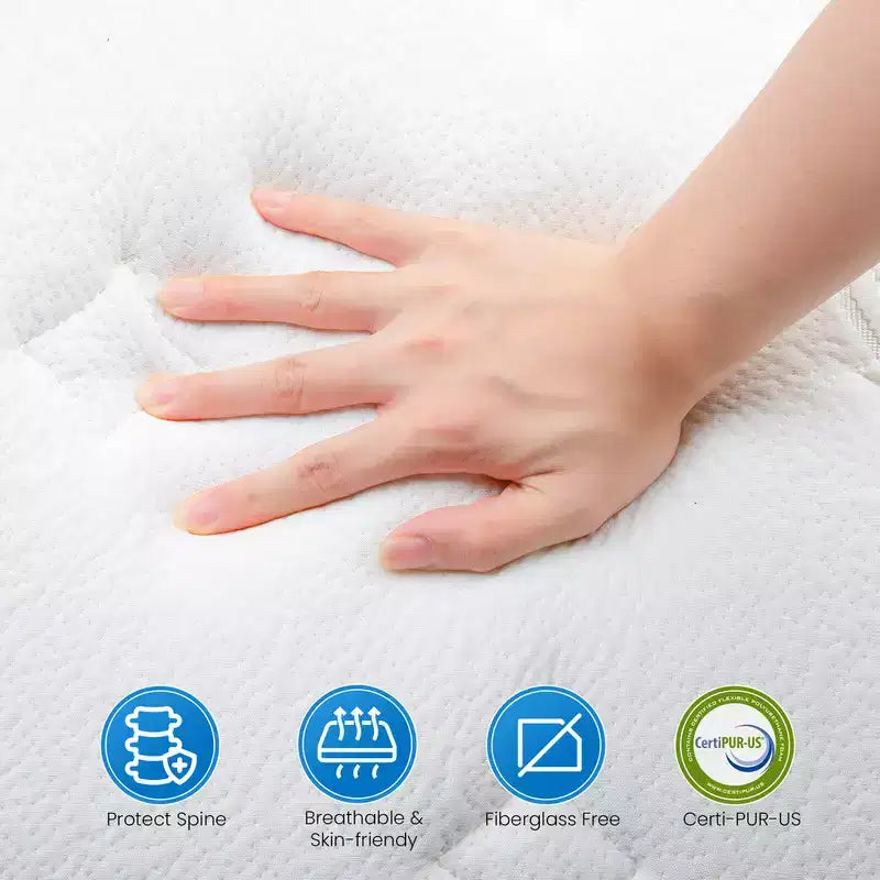 Matelas hybride respirant en mousse à mémoire de forme rafraîchissante, fermeté moyenne, livré compressé dans une boîte, blanc