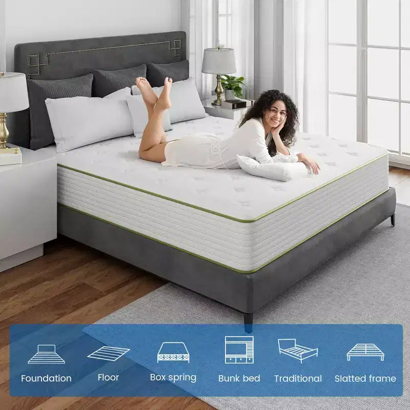Matelas hybride respirant en mousse à mémoire de forme rafraîchissante, fermeté moyenne, livré compressé dans une boîte, blanc