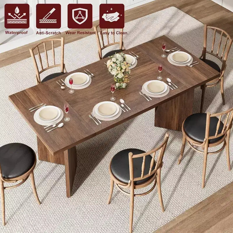 Table à manger de 180 cm pour 6 personnes, table de cuisine rectangulaire de style rustique avec cadre robuste, plateau en bois épaissi, longue table de salle à manger
