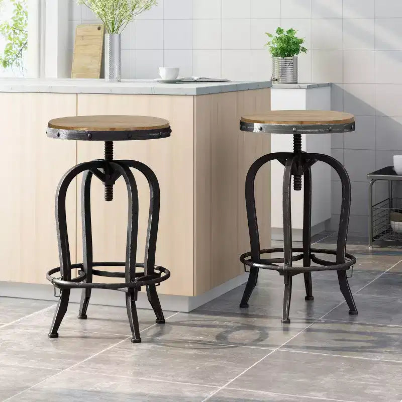GDFStudio Cedarville Industrial Fir Wood Adjustable Backless Swivel Barstools (Set of 2)