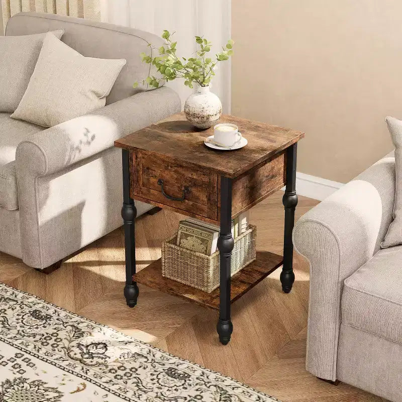 Industrial Side Table with Storage, 2 Tiers Nightstand with Drawer, Featured Bedside for Bedroom, Living Room and Small Space