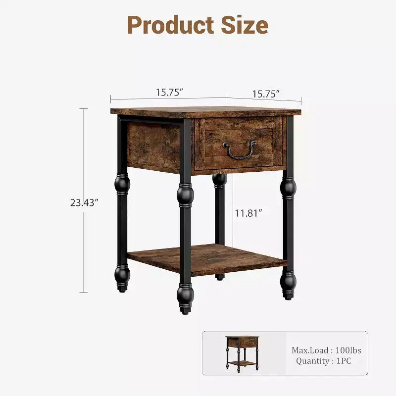 Table d'appoint industrielle avec rangement, table de chevet à 2 niveaux avec tiroir, table de chevet caractéristique pour chambre, salon et petit espace