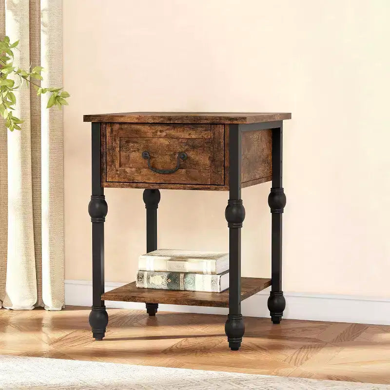 Table d'appoint industrielle avec rangement, table de chevet à 2 niveaux avec tiroir, table de chevet caractéristique pour chambre, salon et petit espace