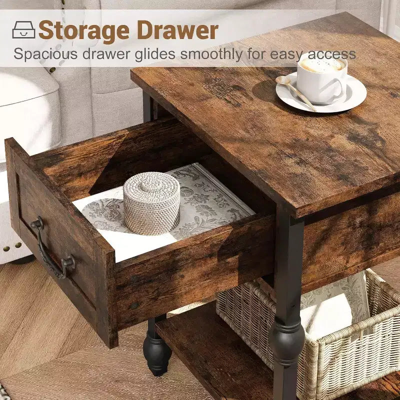 Table d'appoint industrielle avec rangement, table de chevet à 2 niveaux avec tiroir, table de chevet caractéristique pour chambre, salon et petit espace