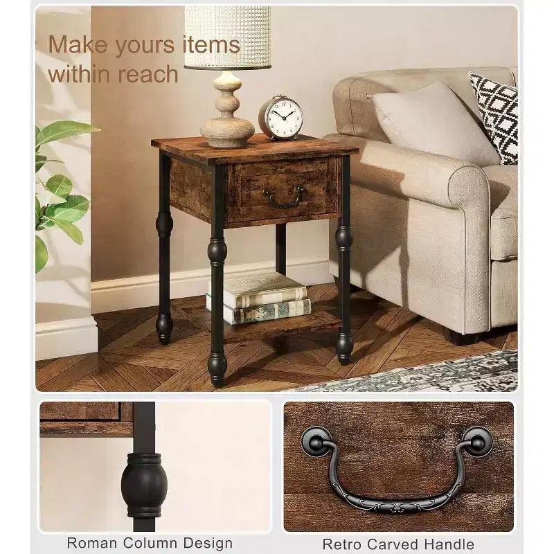 Table d'appoint industrielle avec rangement, table de chevet à 2 niveaux avec tiroir, table de chevet caractéristique pour chambre, salon et petit espace