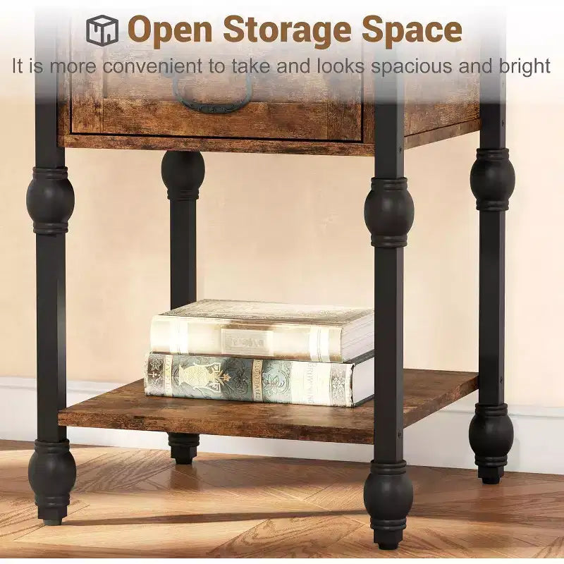 Table d'appoint industrielle avec rangement, table de chevet à 2 niveaux avec tiroir, table de chevet caractéristique pour chambre, salon et petit espace