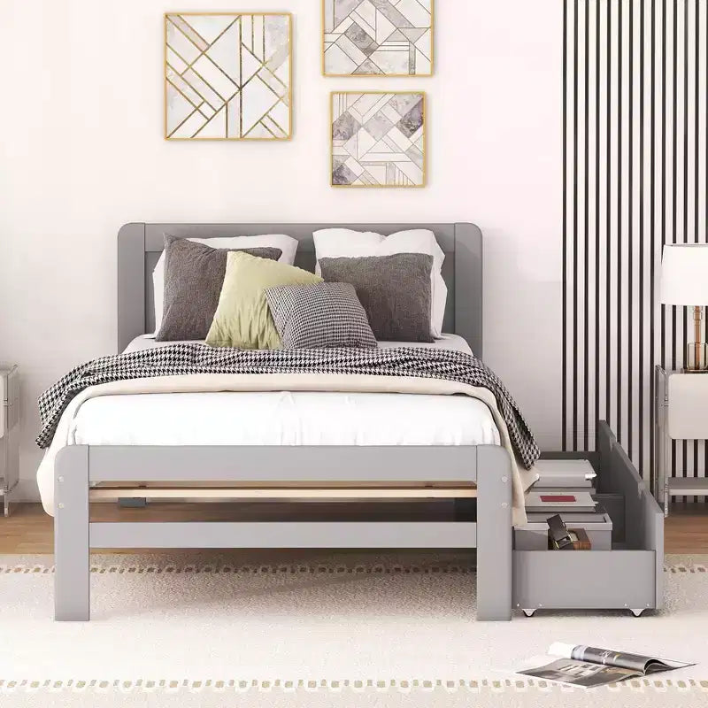 Twin Bed with 2 Trundle Storage Drawers, Platform Bed Frame with Headboard for Bedroom Small Living Space, No Box Spring Needed