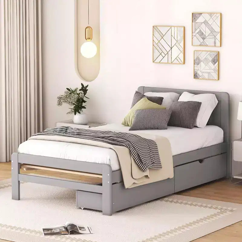 Lit jumeau avec 2 tiroirs de rangement gigognes, Cadre de lit plateforme avec tête de lit pour chambre à coucher ou petit espace de vie, Aucun sommier tapissier requis