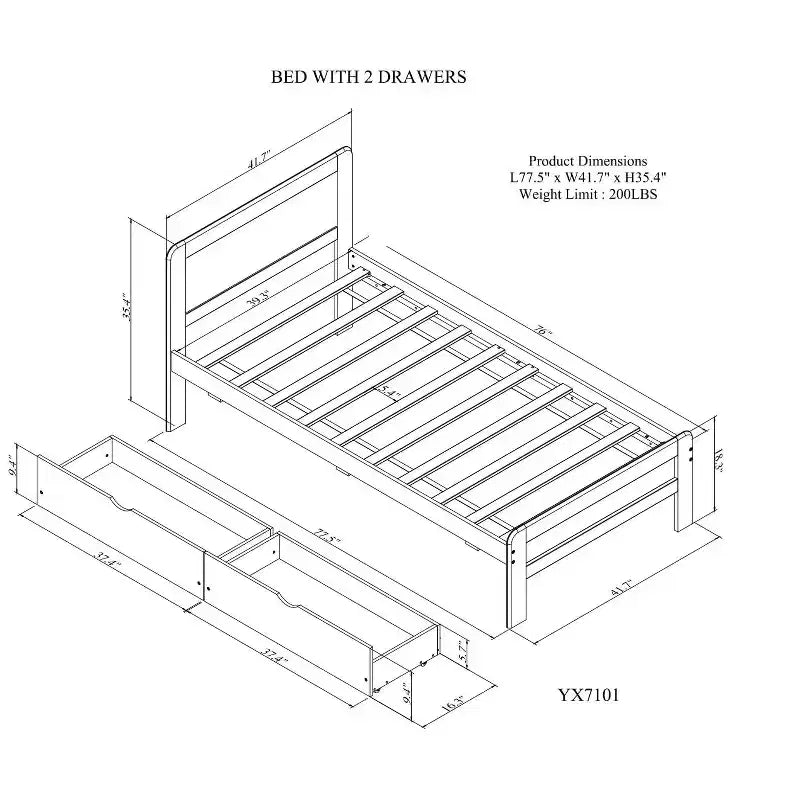 Lit jumeau avec 2 tiroirs de rangement gigognes, Cadre de lit plateforme avec tête de lit pour chambre à coucher ou petit espace de vie, Aucun sommier tapissier requis