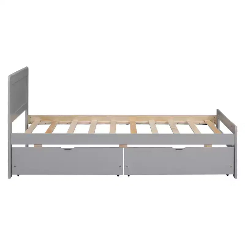 Lit jumeau avec 2 tiroirs de rangement gigognes, Cadre de lit plateforme avec tête de lit pour chambre à coucher ou petit espace de vie, Aucun sommier tapissier requis