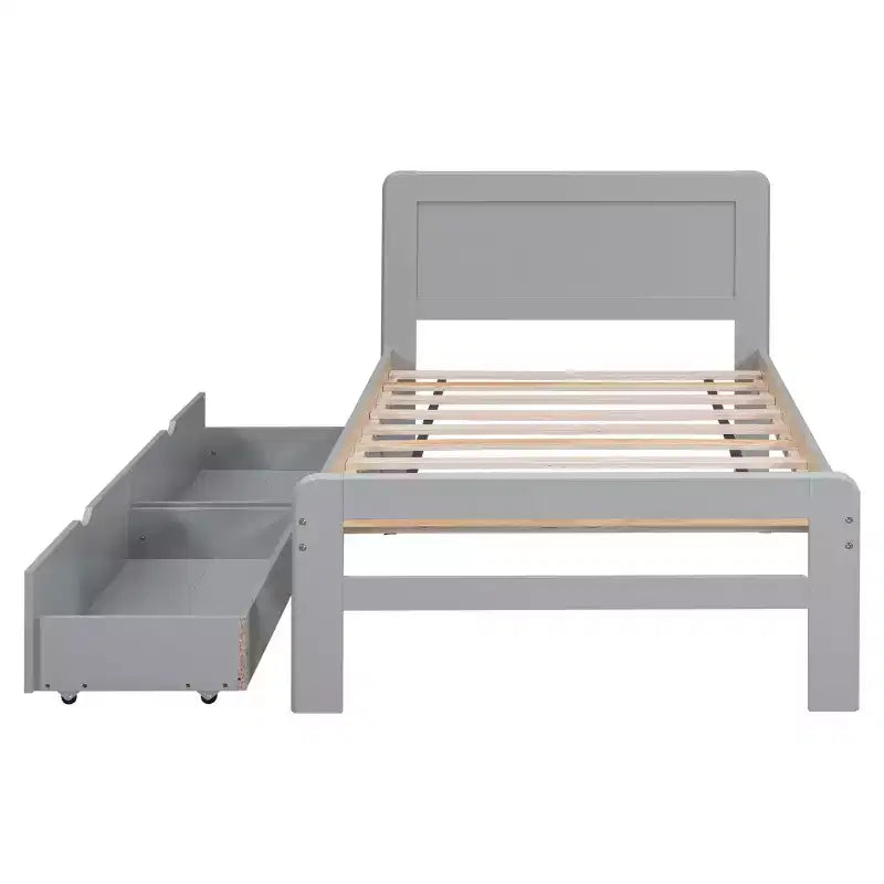 Lit jumeau avec 2 tiroirs de rangement gigognes, Cadre de lit plateforme avec tête de lit pour chambre à coucher ou petit espace de vie, Aucun sommier tapissier requis
