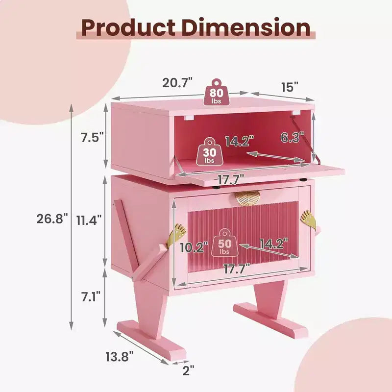 Table de chevet avec bandes lumineuses LED, tiroir rotatif et porte vitrée, rose