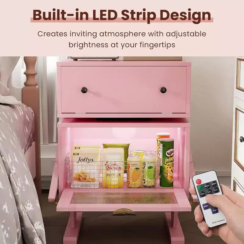 Table de chevet avec bandes lumineuses LED, tiroir rotatif et porte vitrée, rose