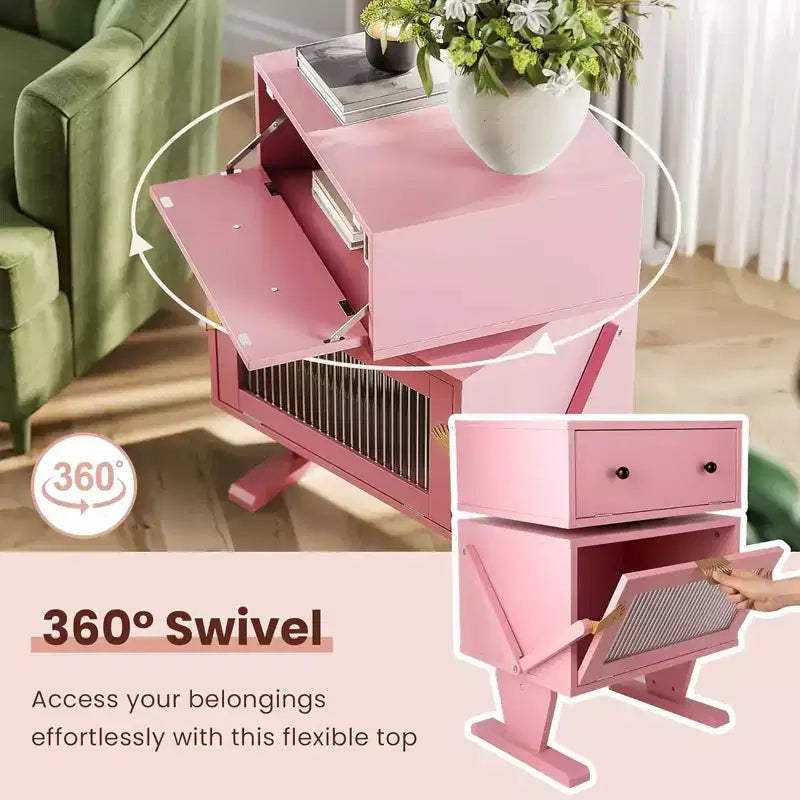 Table de chevet avec bandes lumineuses LED, tiroir rotatif et porte vitrée, rose