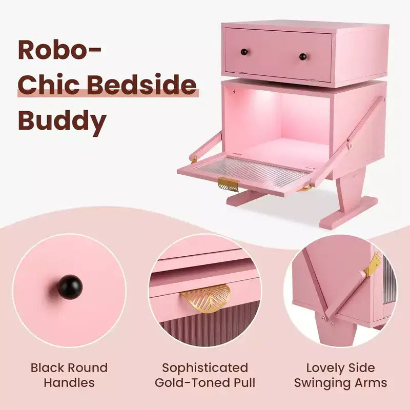 Table de chevet avec bandes lumineuses LED, tiroir rotatif et porte vitrée, rose