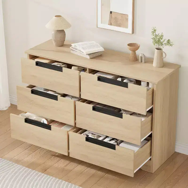 Commode à 6 tiroirs pour chambre à coucher, organiseur double moderne avec poignées encastrées, commode en bois pour salon