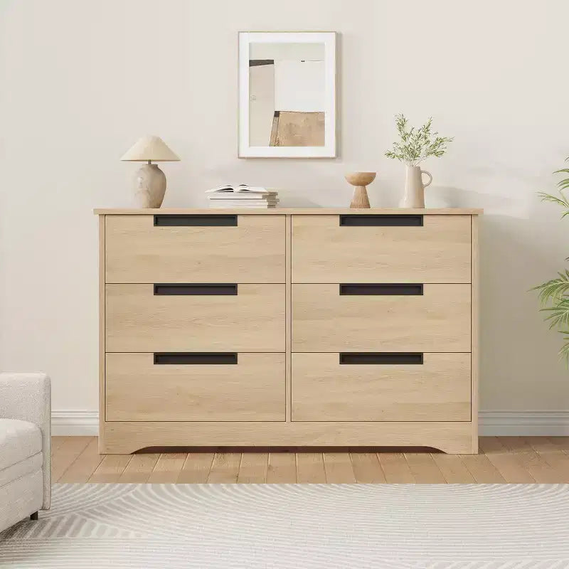 Commode à 6 tiroirs pour chambre à coucher, organiseur double moderne avec poignées encastrées, commode en bois pour salon