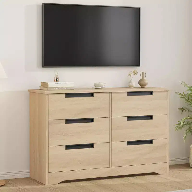 Commode à 6 tiroirs pour chambre à coucher, organiseur double moderne avec poignées encastrées, commode en bois pour salon