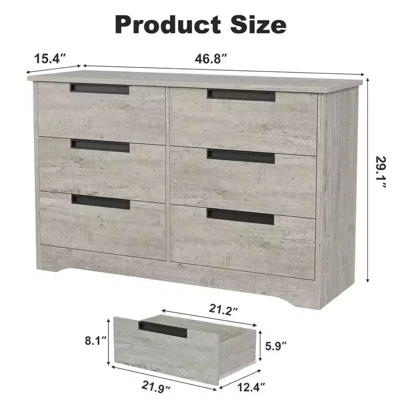 Commode à 6 tiroirs pour chambre à coucher, organiseur double moderne avec poignées encastrées, commode en bois pour salon