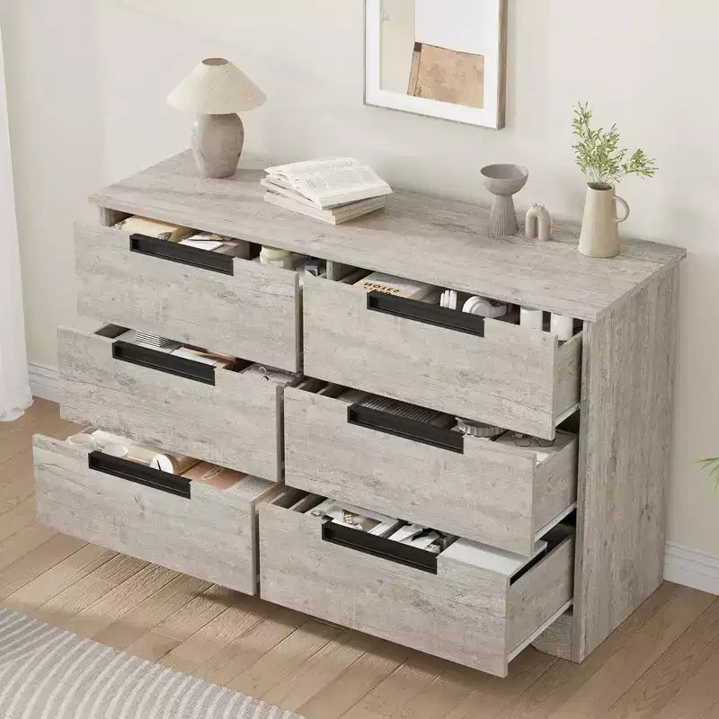 Commode à 6 tiroirs pour chambre à coucher, organiseur double moderne avec poignées encastrées, commode en bois pour salon