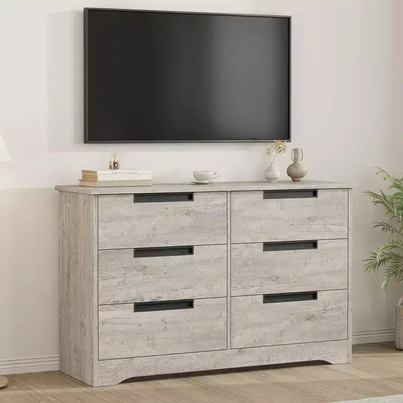 Commode à 6 tiroirs pour chambre à coucher, organiseur double moderne avec poignées encastrées, commode en bois pour salon