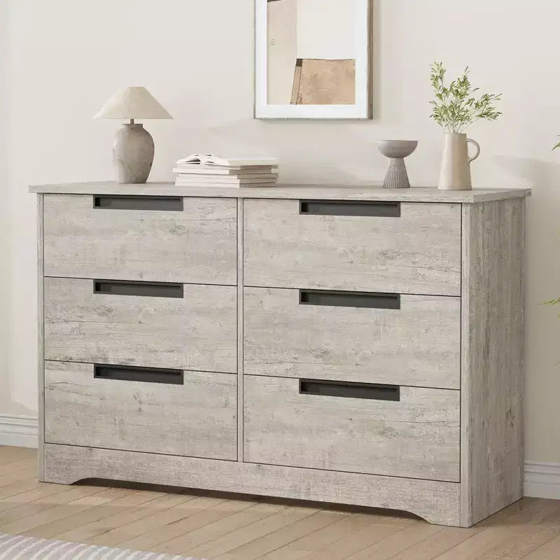 Commode à 6 tiroirs pour chambre à coucher, organiseur double moderne avec poignées encastrées, commode en bois pour salon