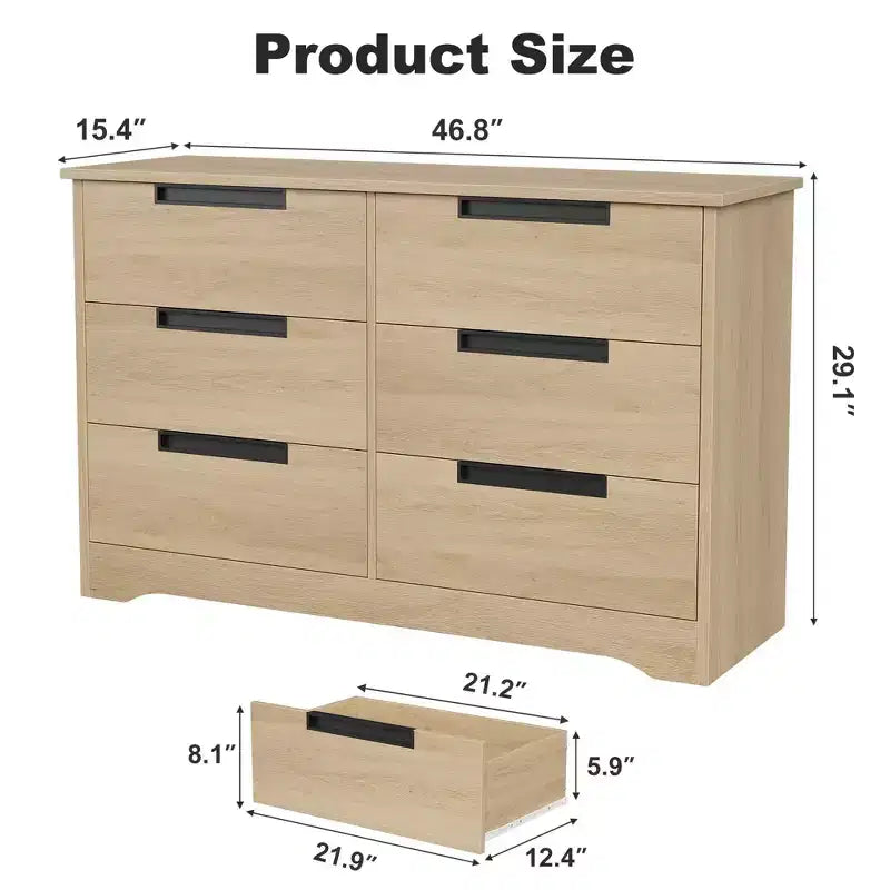 Commode à 6 tiroirs pour chambre à coucher, organiseur double moderne avec poignées encastrées, commode en bois pour salon