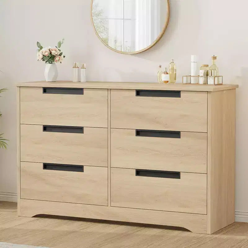 Commode à 6 tiroirs pour chambre à coucher, organiseur double moderne avec poignées encastrées, commode en bois pour salon