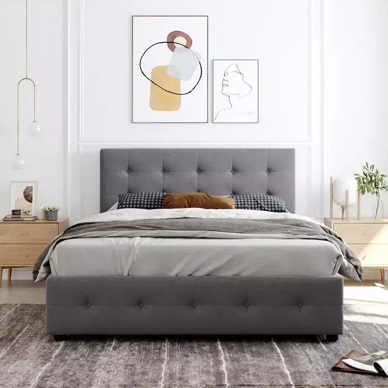 Lit plateforme capitonné avec tête de lit classique et 4 tiroirs - Aucun sommier requis - Tissu en lin - Grand lit (Queen) - Beige