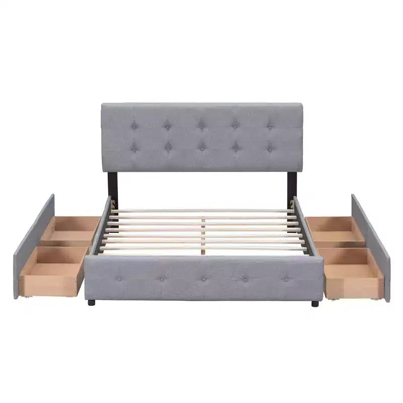 Lit plateforme capitonné avec tête de lit classique et 4 tiroirs - Aucun sommier requis - Tissu en lin - Grand lit (Queen) - Beige