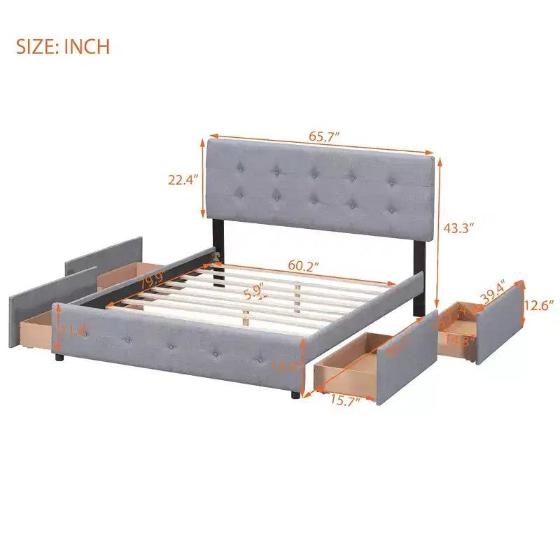 Lit plateforme capitonné avec tête de lit classique et 4 tiroirs - Aucun sommier requis - Tissu en lin - Grand lit (Queen) - Beige