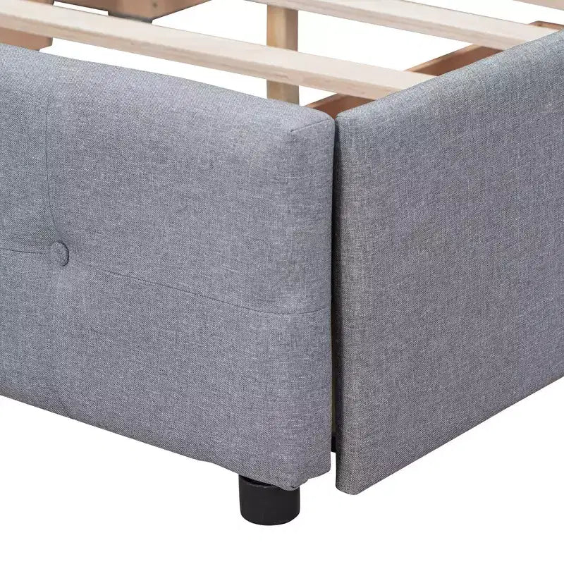 Lit plateforme capitonné avec tête de lit classique et 4 tiroirs - Aucun sommier requis - Tissu en lin - Grand lit (Queen) - Beige