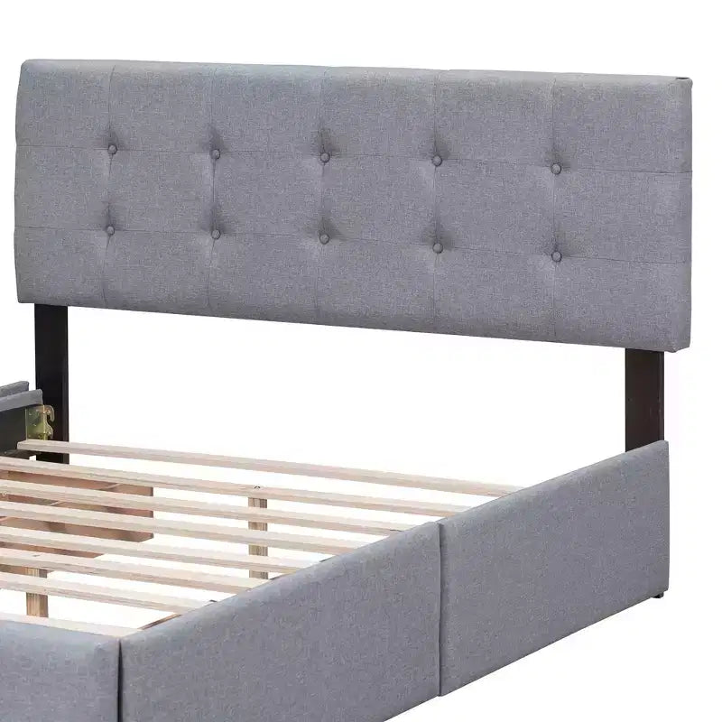 Lit plateforme capitonné avec tête de lit classique et 4 tiroirs - Aucun sommier requis - Tissu en lin - Grand lit (Queen) - Beige
