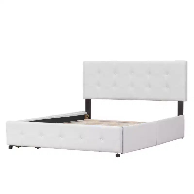 Lit plateforme capitonné avec tête de lit classique et 4 tiroirs - Aucun sommier requis - Tissu en lin - Grand lit (Queen) - Beige
