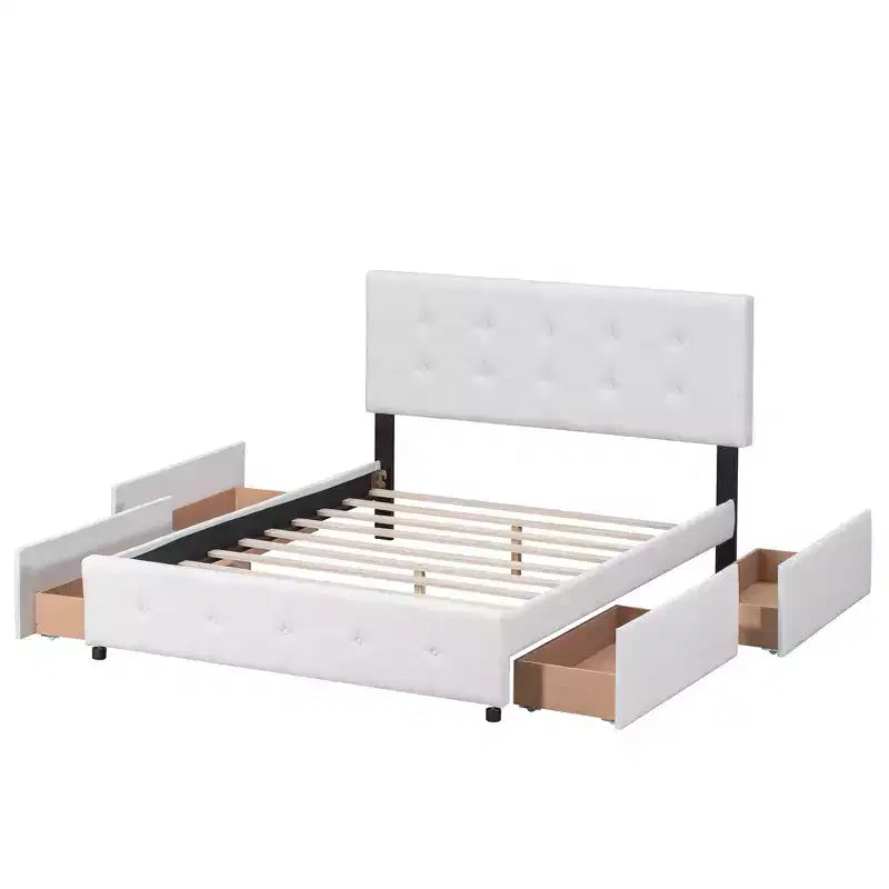 Lit plateforme capitonné avec tête de lit classique et 4 tiroirs - Aucun sommier requis - Tissu en lin - Grand lit (Queen) - Beige