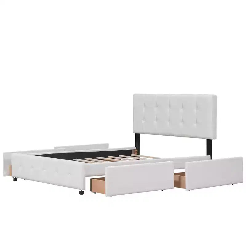 Lit plateforme capitonné avec tête de lit classique et 4 tiroirs - Aucun sommier requis - Tissu en lin - Grand lit (Queen) - Beige